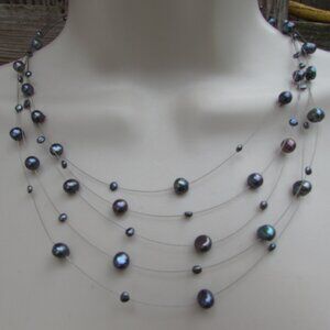 Vintage Black Pearl Five-Strand Floating Necklace 18"